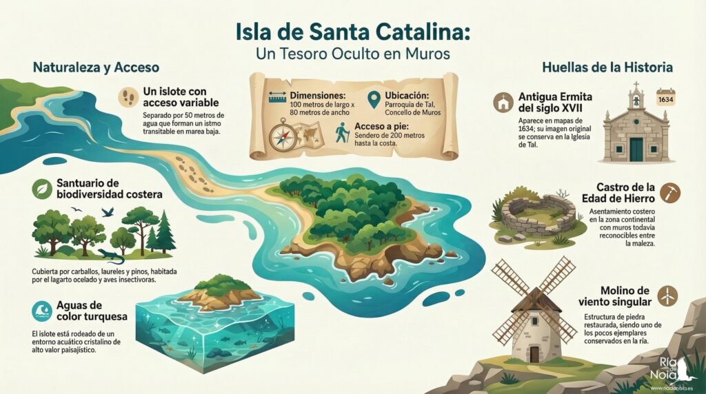 Infografía explicativa de la Isla de Santa Catalina en el Concello de Muros, Ría de Noia