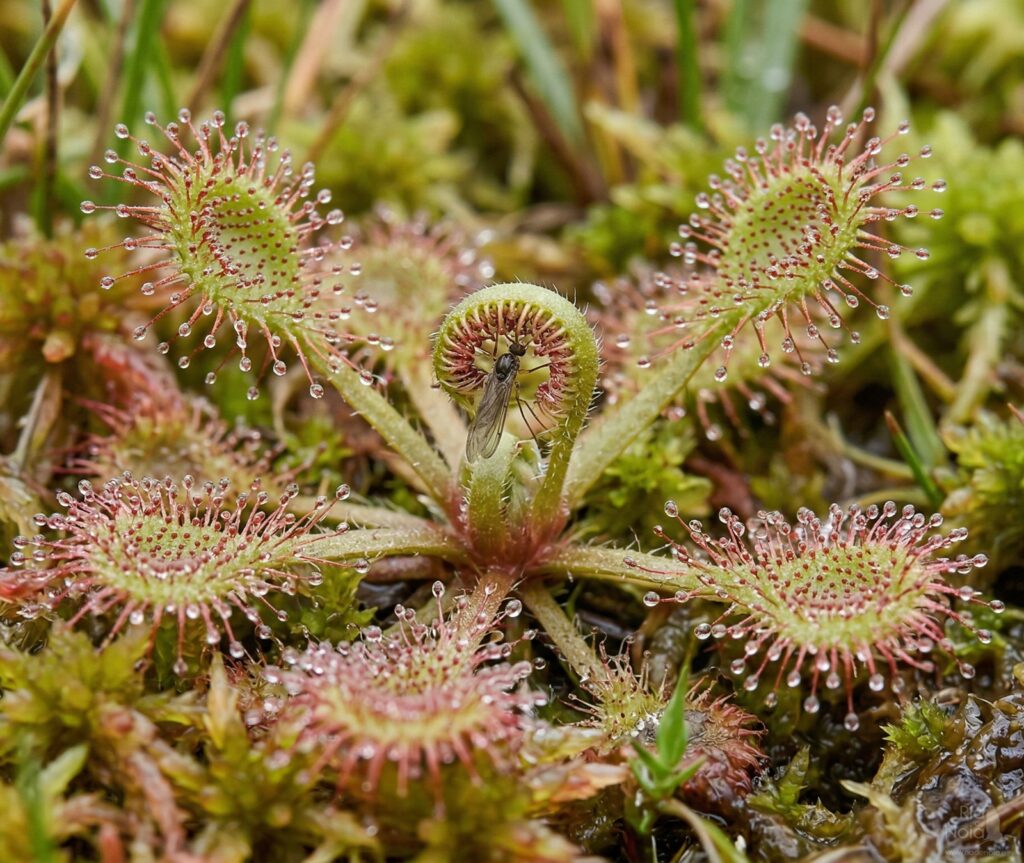 Drosera rotundifolia Detalle de las gotas de mucílago en las hojas de una Drosera rotundifolia en la Sierra de Barbanza